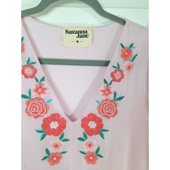 Savanna Jane Embroidered Floral Babydoll Dress Pink V Neck Sleeveless SZ Medium - Picture 3 of 7